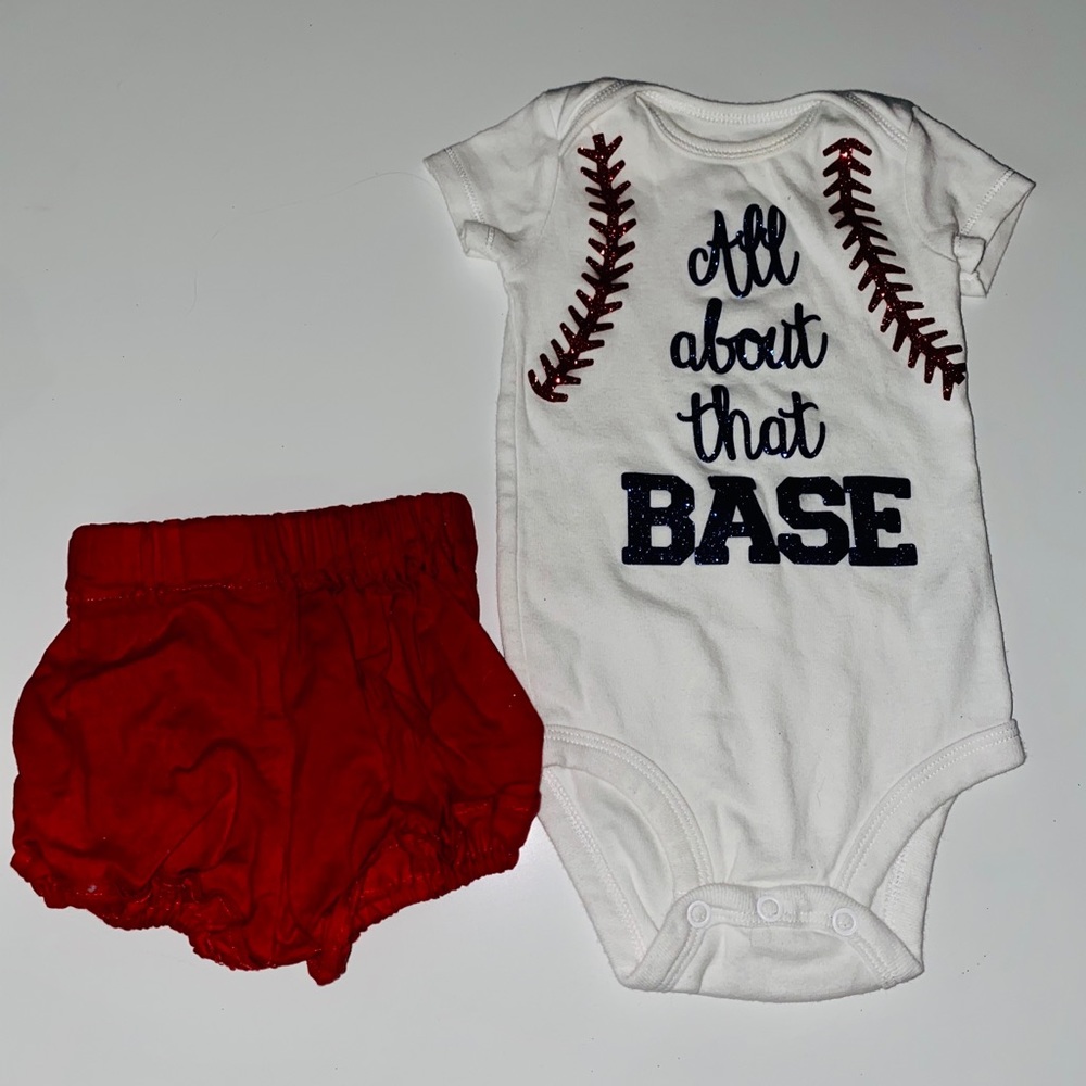 6Month Onesie “All About That Base”&3-6 Red Shorts